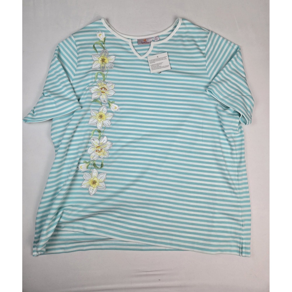 NWT Womens Quacker Factory shirt sz 3X white flower blue white stripe floral